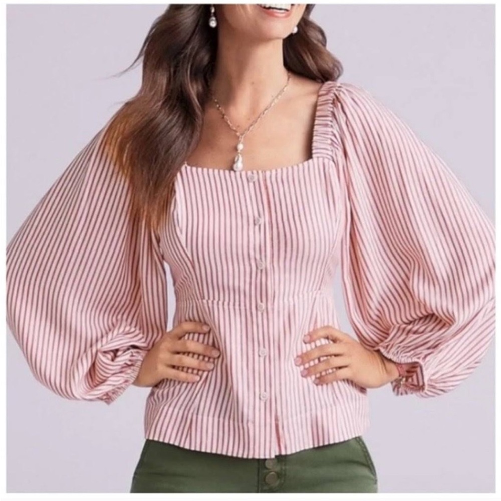 Cabi Carival Striped Square Neck Bishop Sleeve Blouse XS